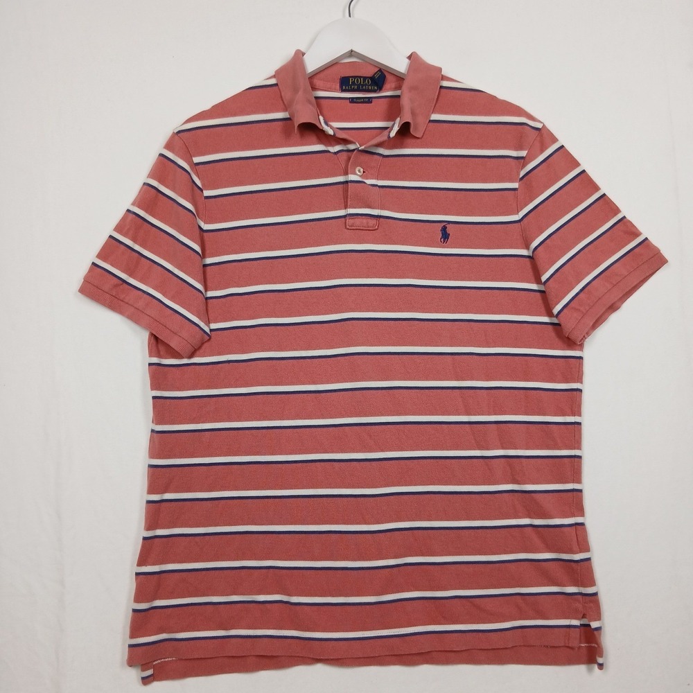 Polo Ralph Lauren Mens Classic Fit Striped Polo Shirt Salmon Pink M